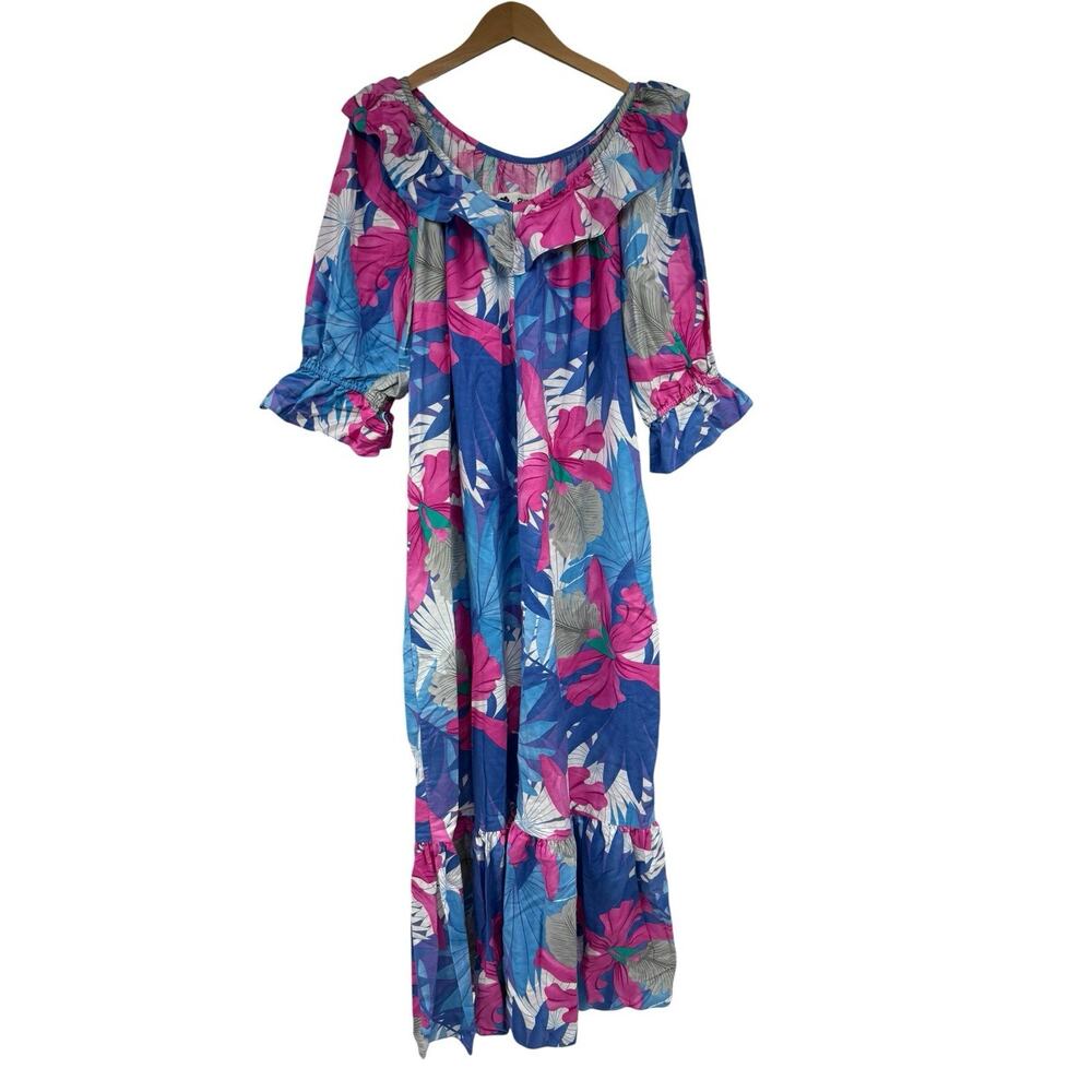 Vintage Hilo Hattie Hawaiian Maxi Dress Colorful Eclectic Floral Ruffle Large